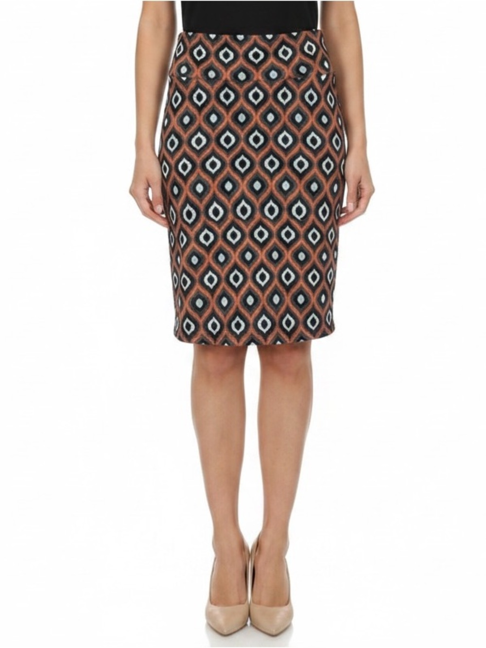 LuLaRoe Orange, Navy and Cream Geometric Pencil Skirt